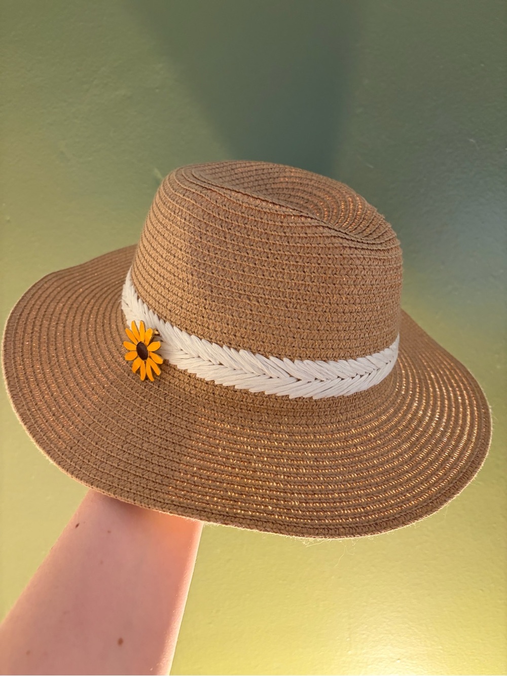 Sun Hat with White Braid & Yellow Flower Accent - Women Accessories